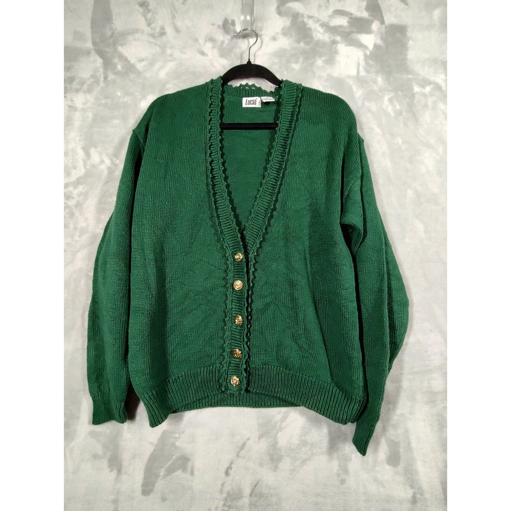 Lucia Vintage Green Ramie Cotton Cardigan Sweater Gold Crest Buttons Womens‎ M